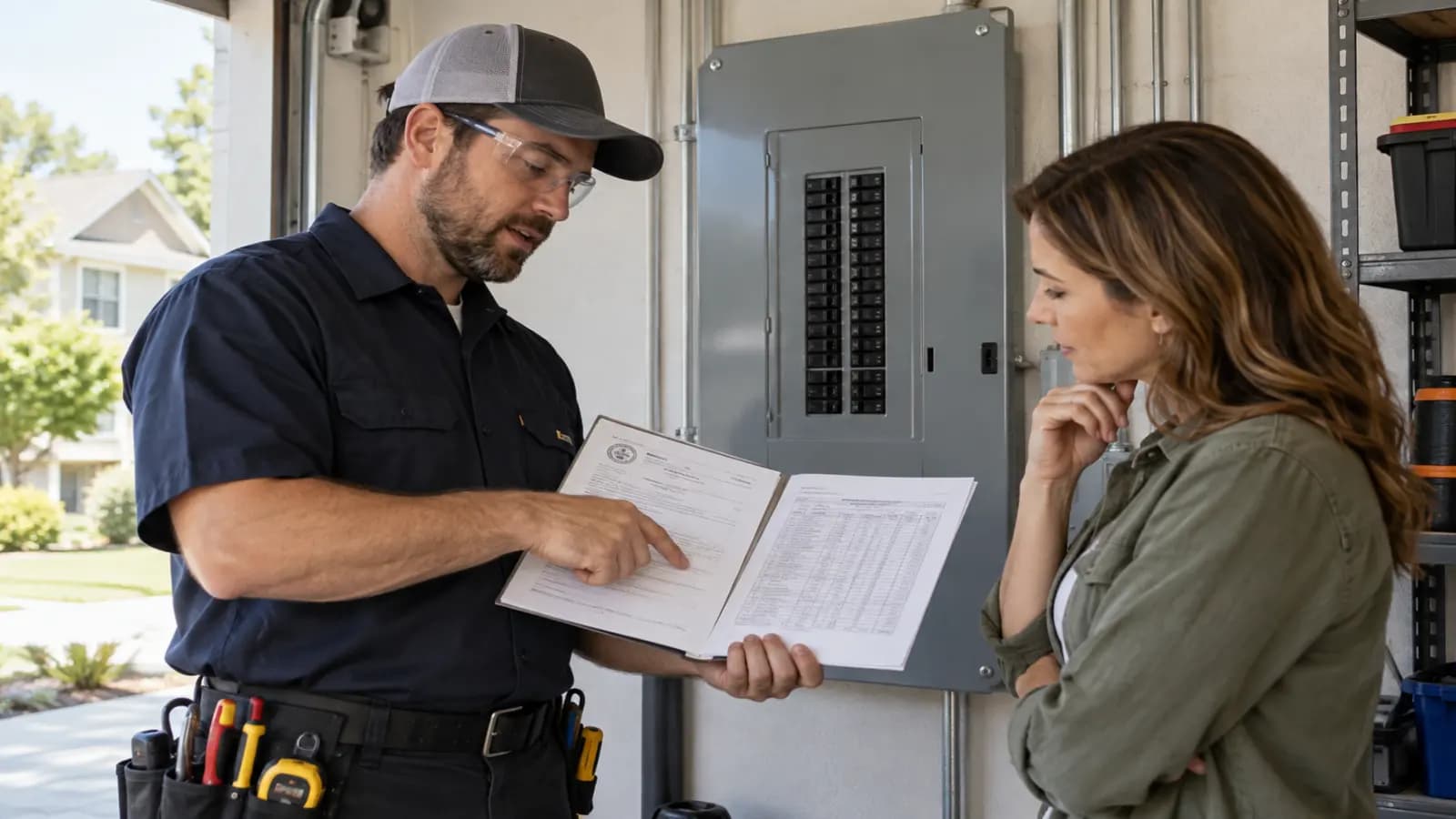 Licensed electrician showing a homeowner a permit and load calculation for panel work