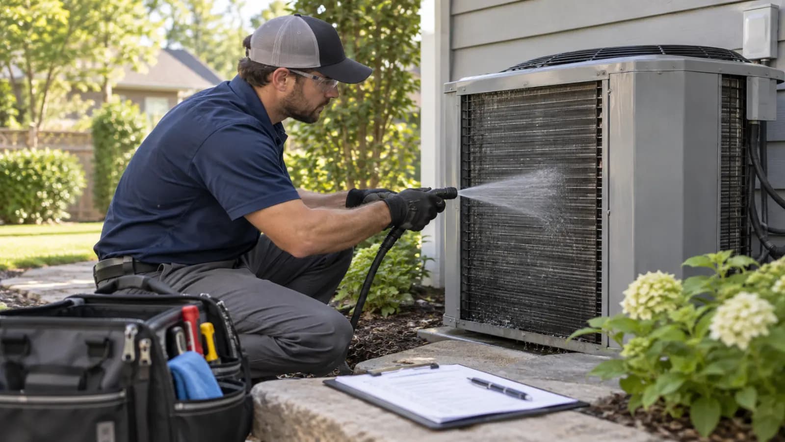 Technician cleaning a condenser coil during a seasonal HVAC maintenance tune-up visit