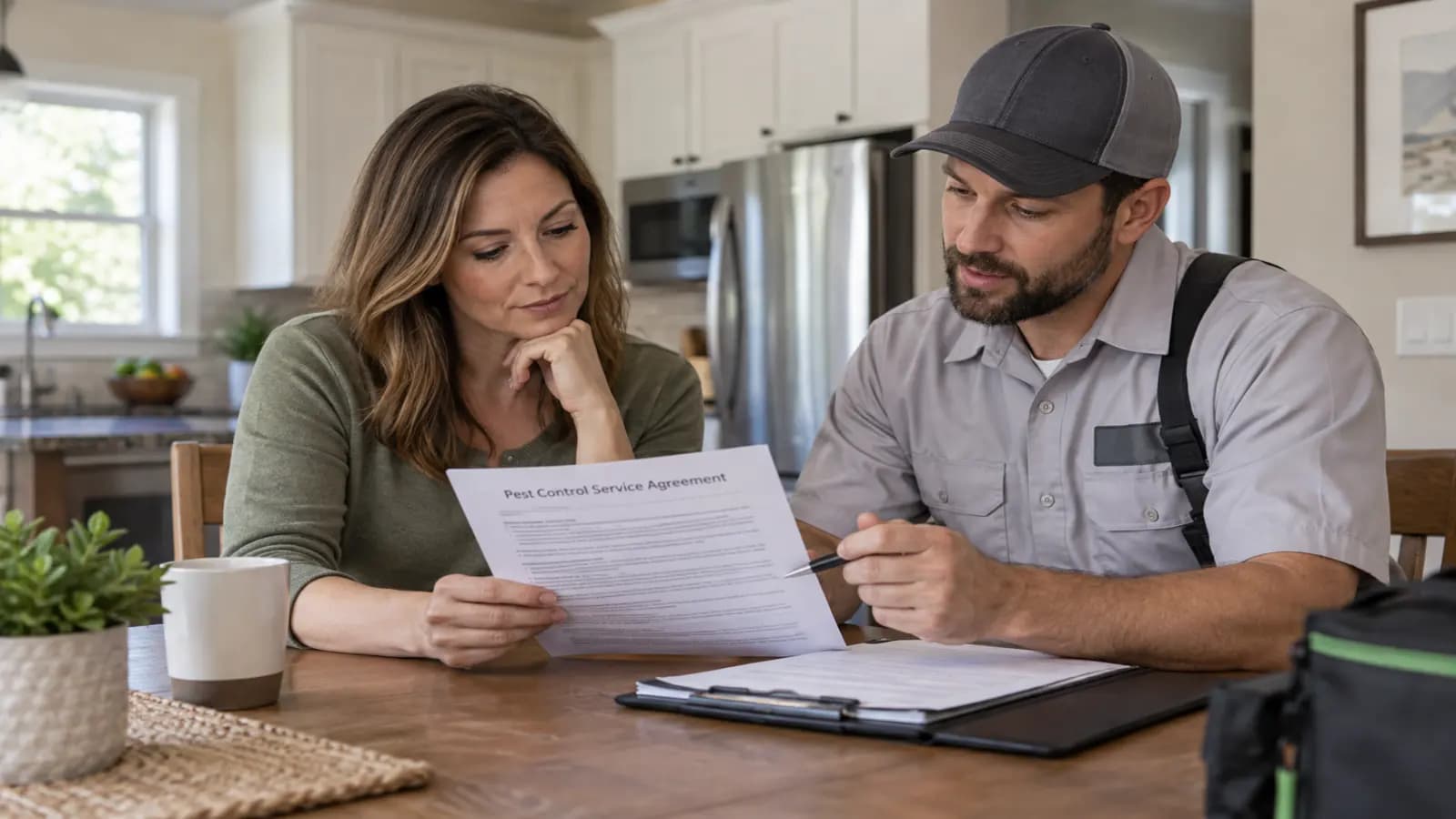 Homeowner reading a pest control service agreement at a kitchen table