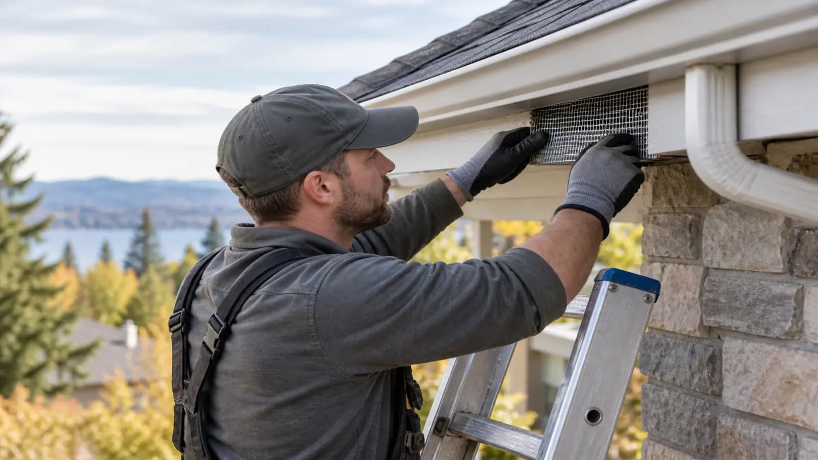 Technician sealing a roofline gap with metal mesh during a rodent exclusion job