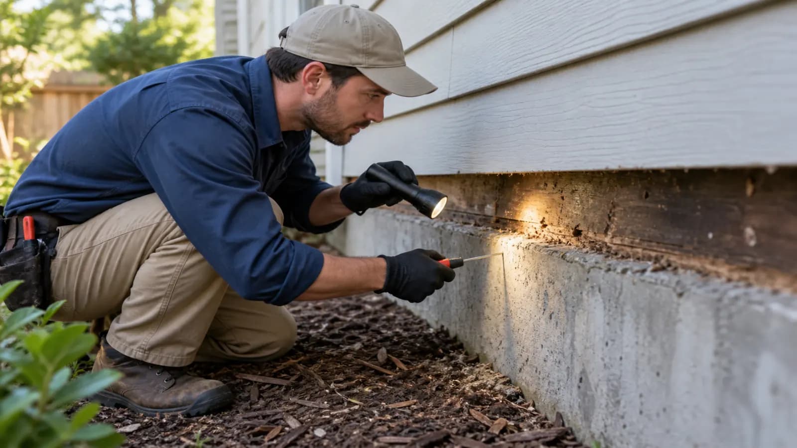 Pest control technician inspecting a home's foundation and sill plate for termite damage