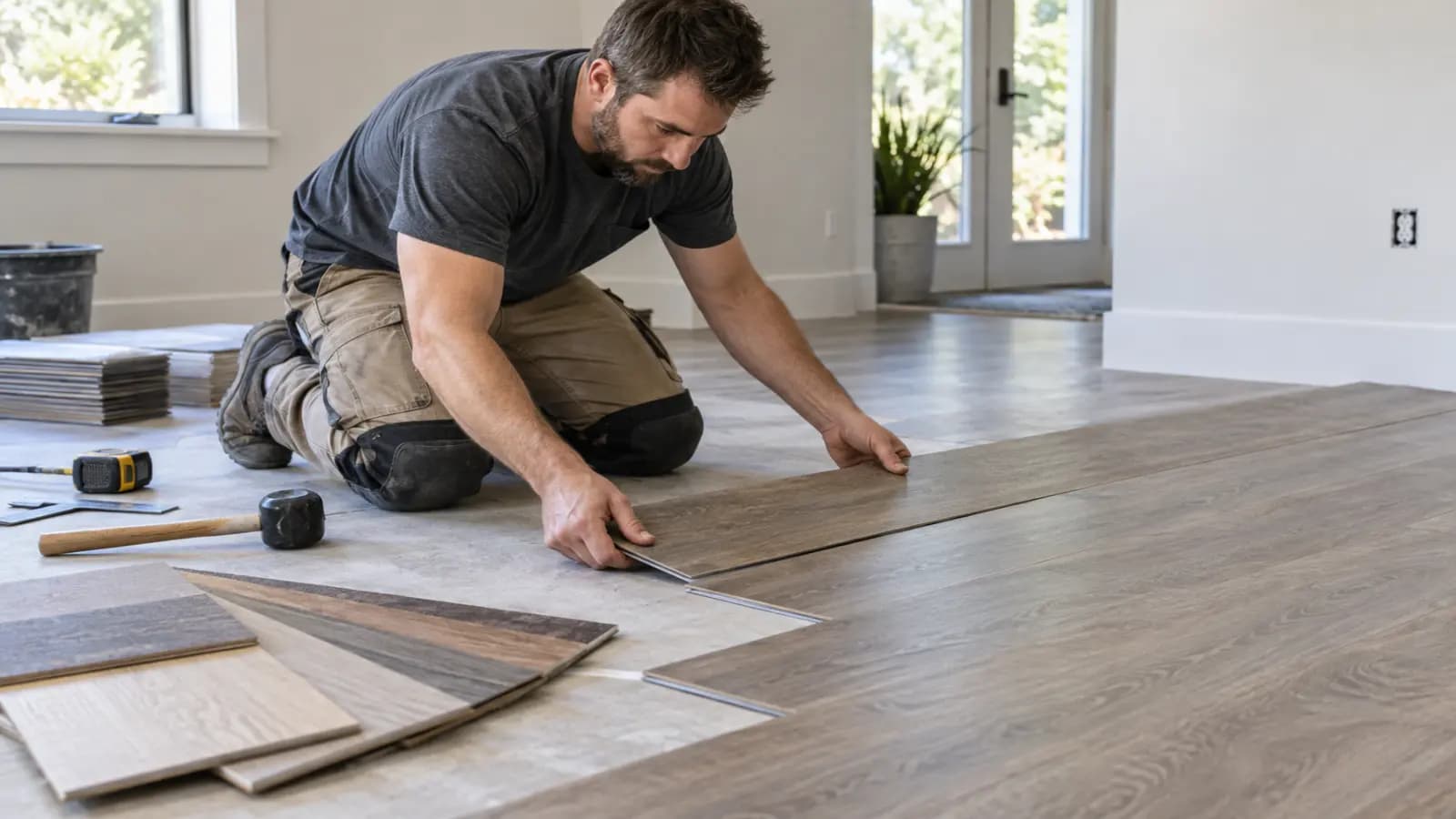 Installer clicking luxury vinyl plank flooring into place over a level, prepared subfloor