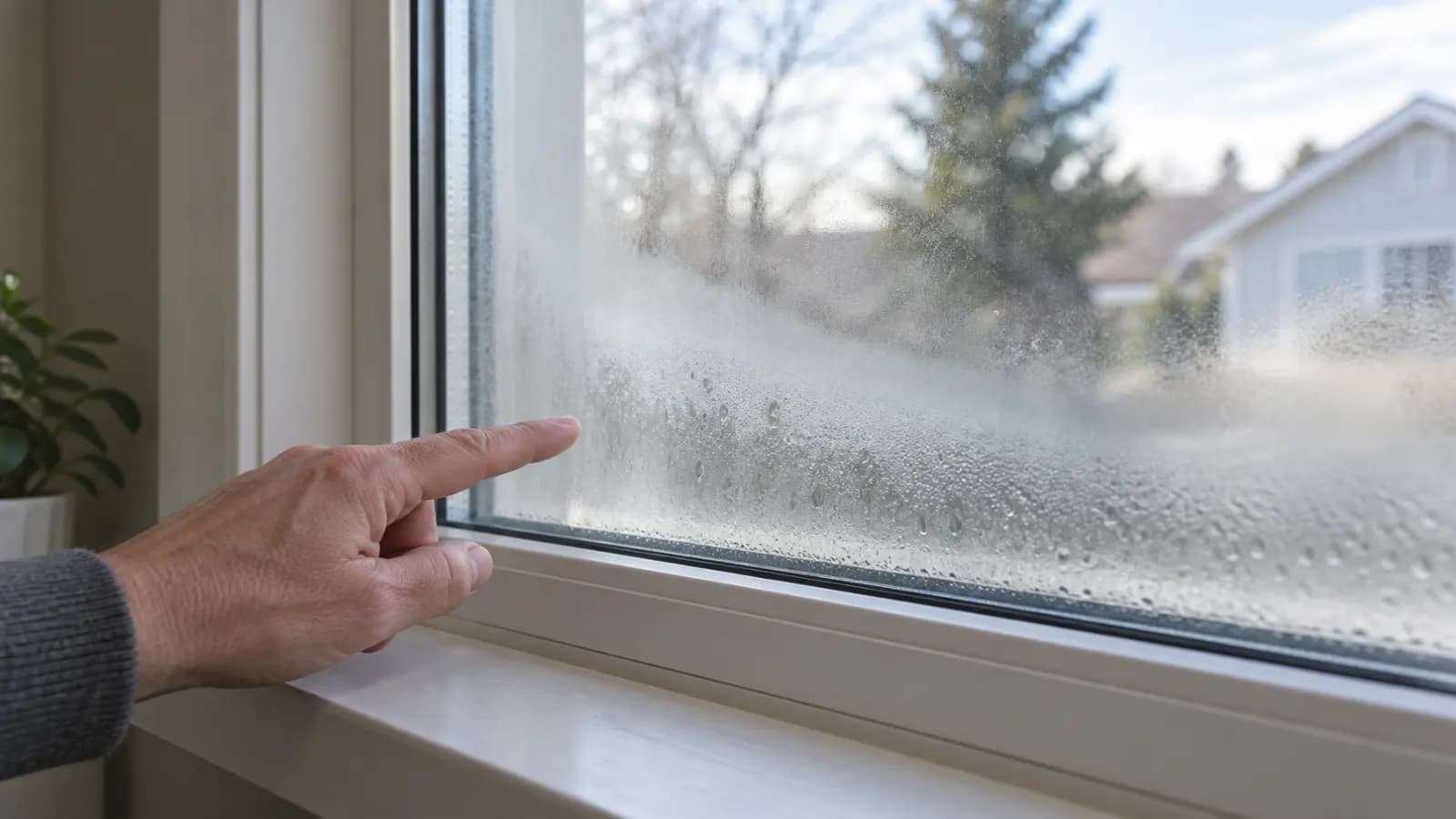 Close-up of a fogged double-pane window showing condensation between the glass panes