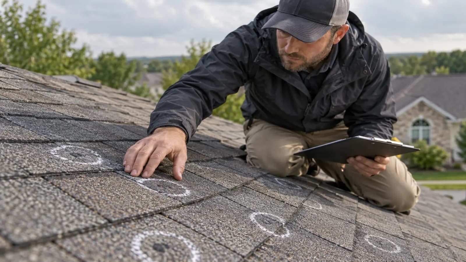 Storm-damaged asphalt roof shingles marked with chalk during a hail damage inspection