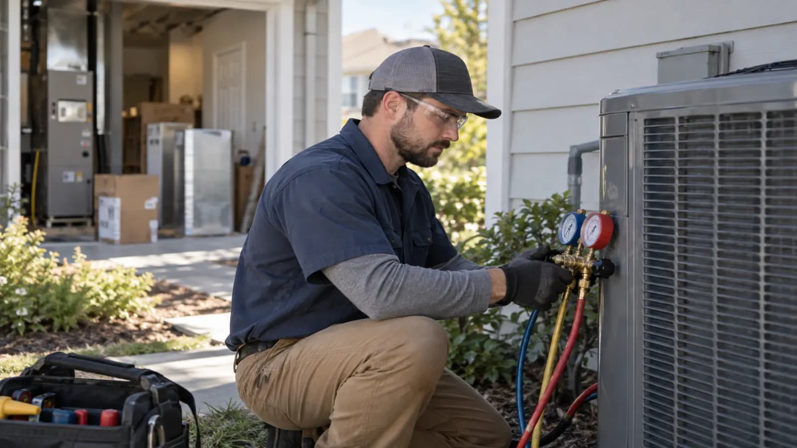 HVAC technician checking refrigerant pressures at an outdoor condenser during a system replacement