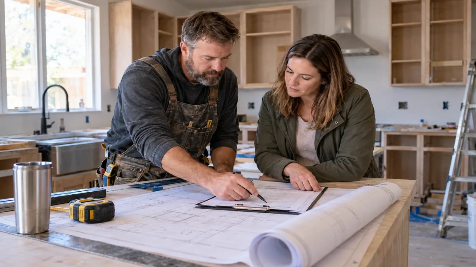 Contractor and homeowner reviewing a kitchen remodel schedule and contract on site