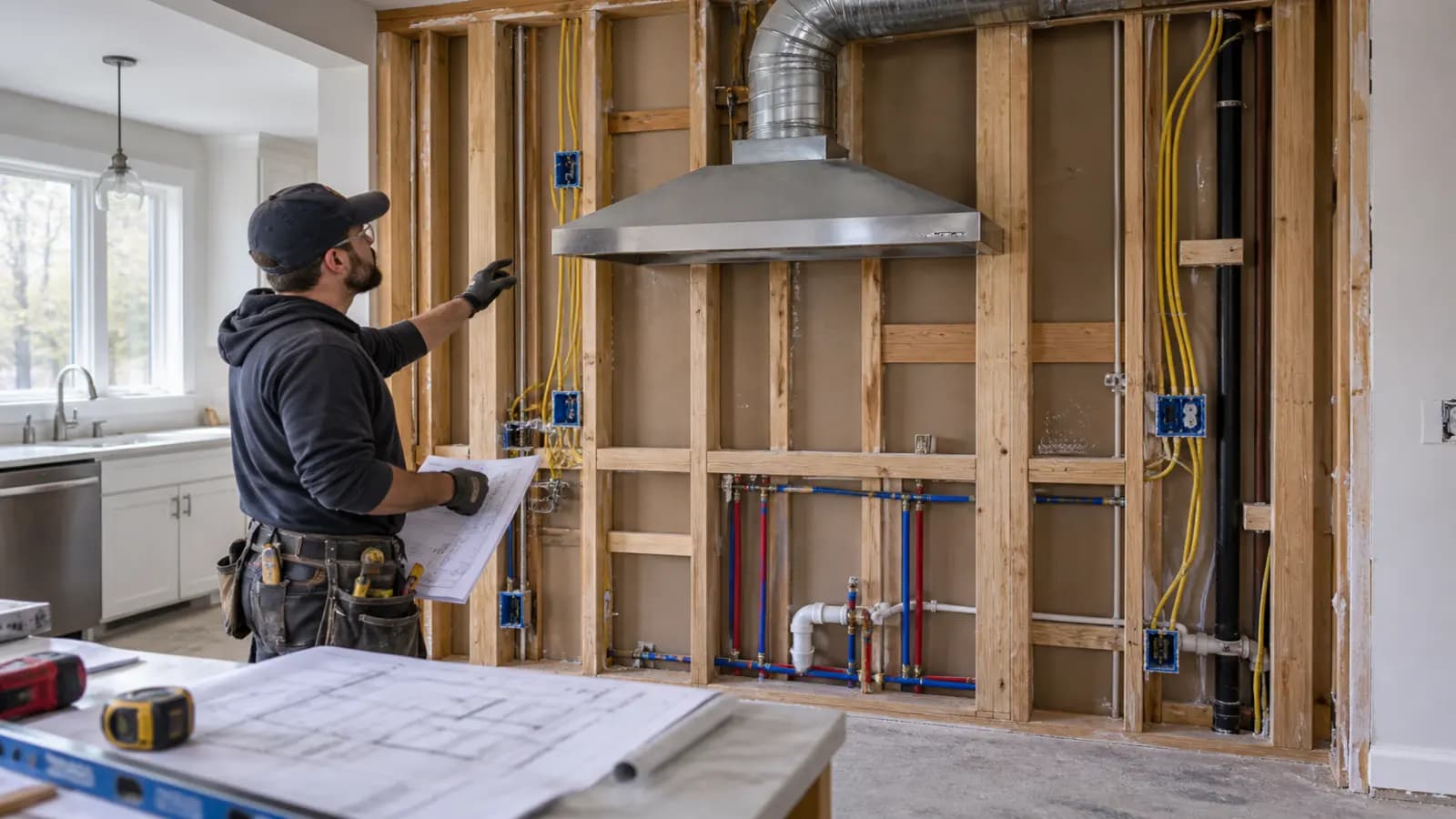 Kitchen rough-in showing new electrical circuits and vent ducting before drywall