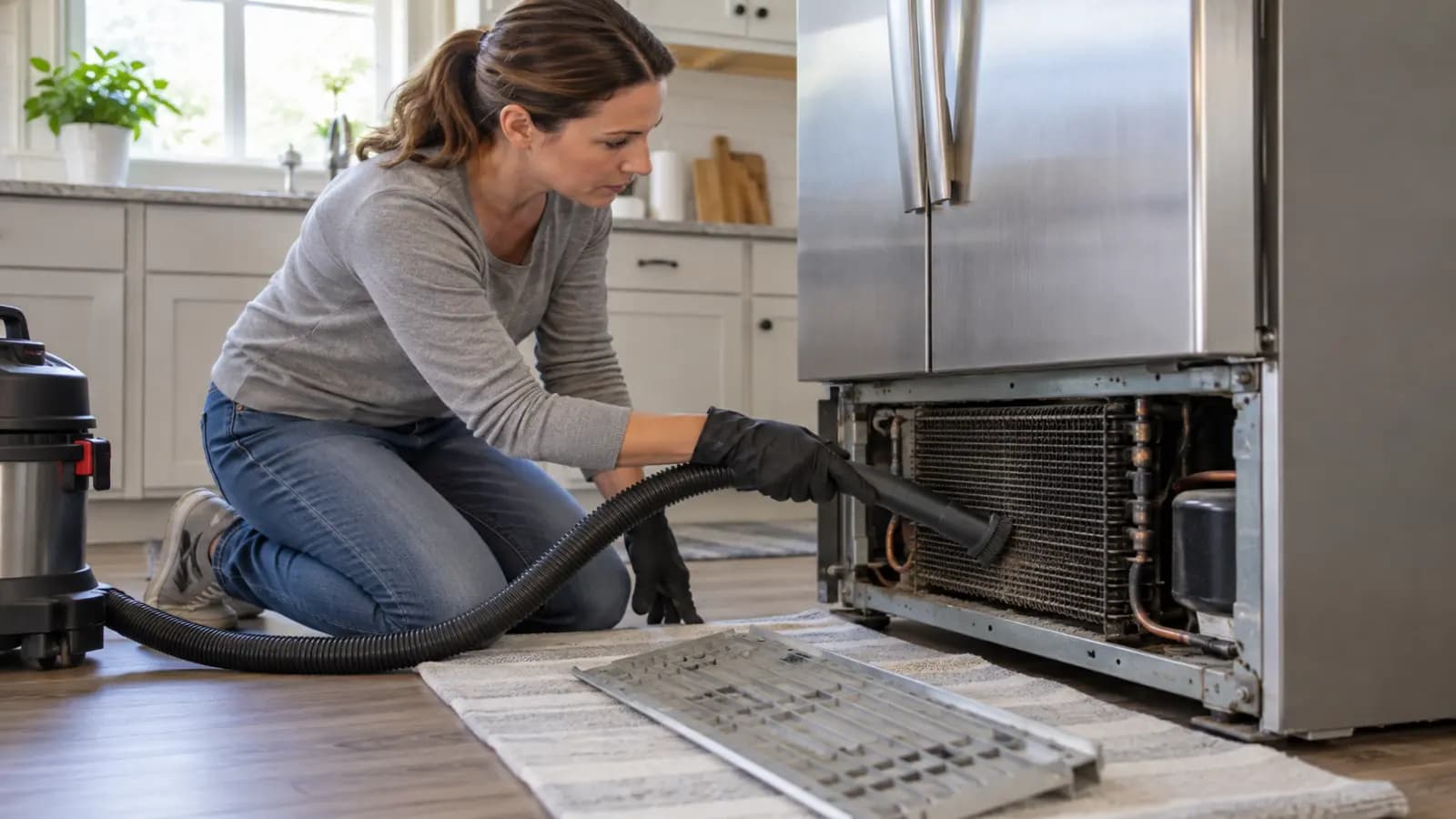 Homeowner vacuuming dust from refrigerator condenser coils to restore cooling