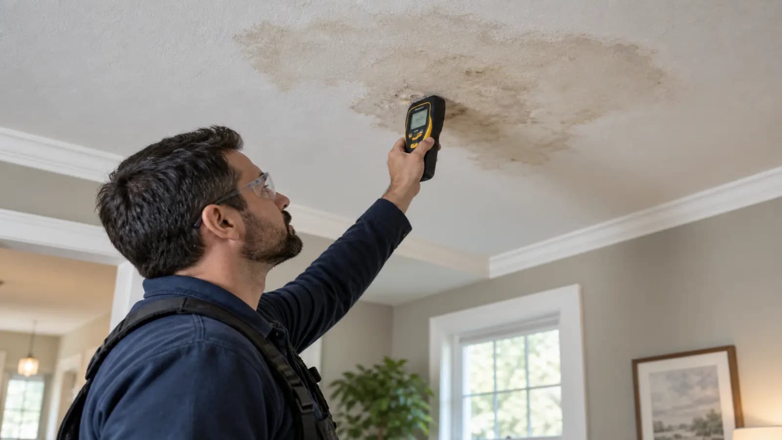 Water stain on a ceiling below a bathroom, indicating a hidden shower or drain leak