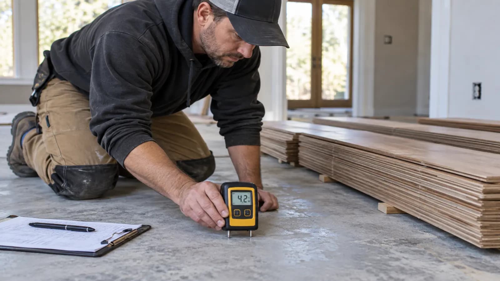 Moisture meter reading taken on a concrete slab subfloor before flooring installation
