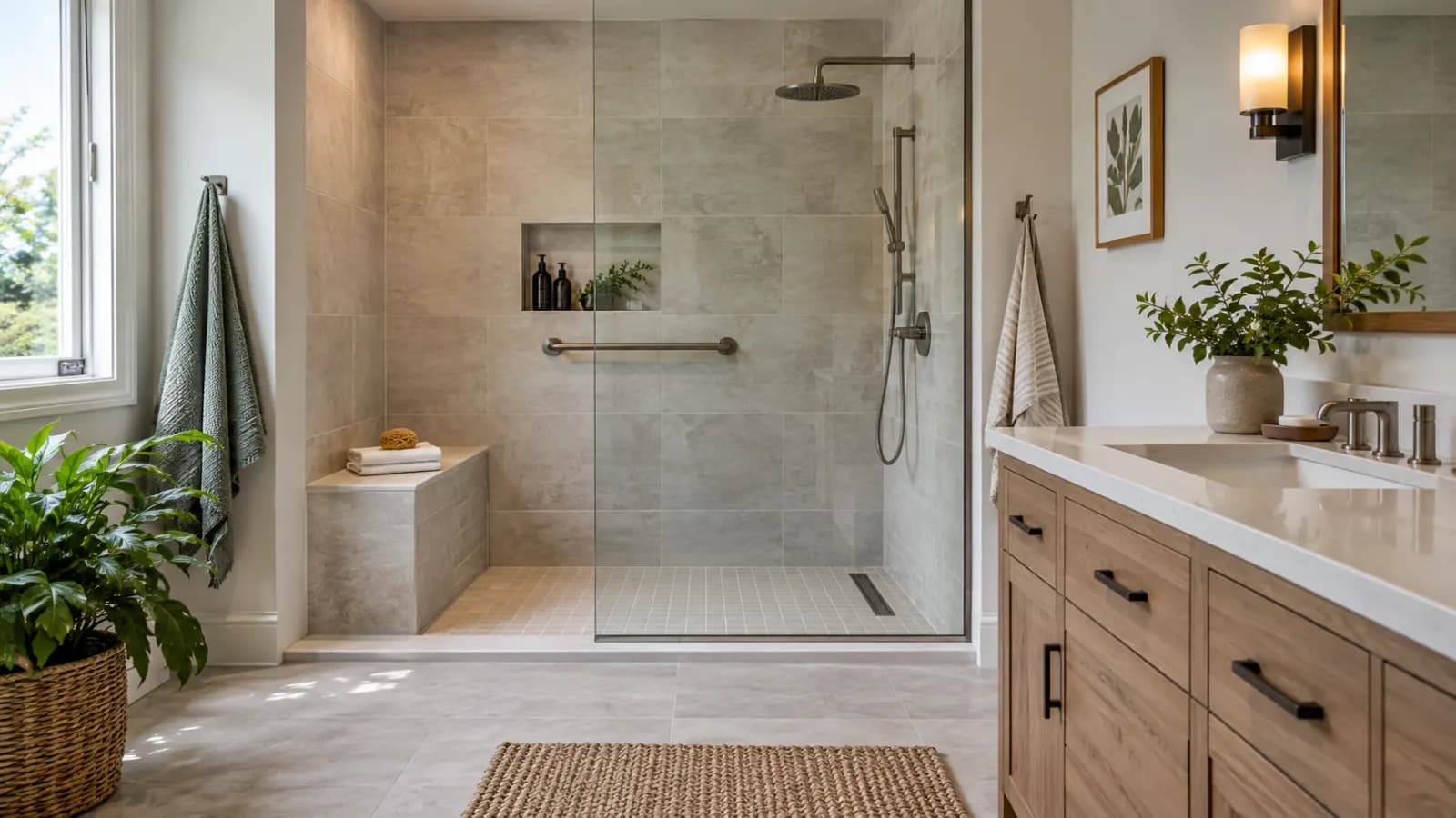 Newly completed walk-in tiled shower with a curbless entry and a glass panel in a remodeled bathroom